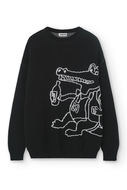suéter en negro con dibujo de cocodrilo en blanco, en algodón
