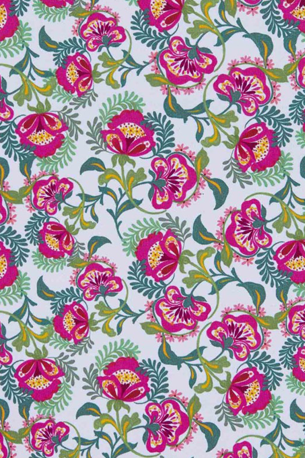 detalle del tejdo estampado floral en color fucsia y verde