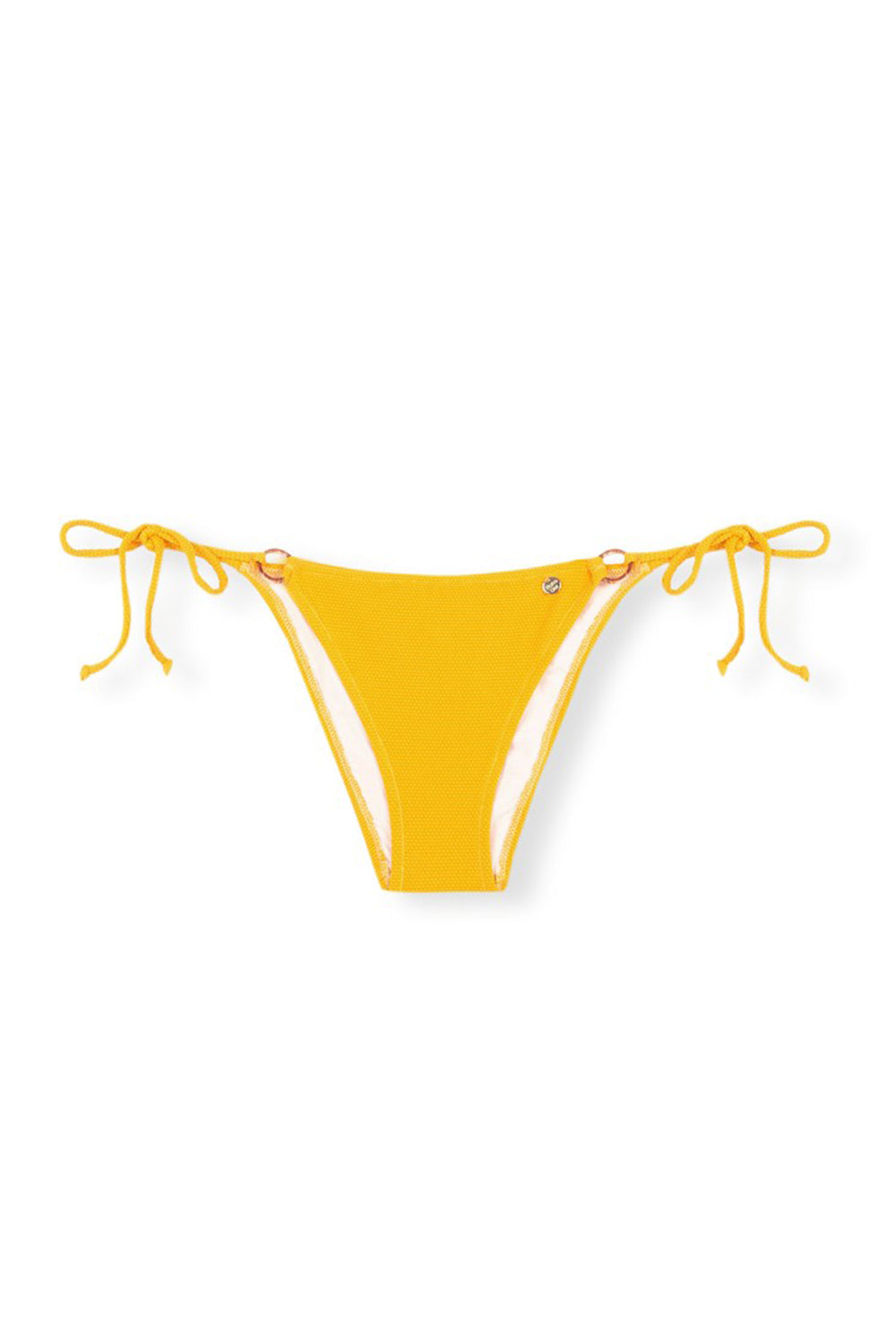 braga de bikini amarillo con tiras, aros y nudos al lado