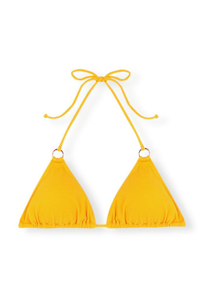 top bikini amarillo con tiras aros y cierre con nudos